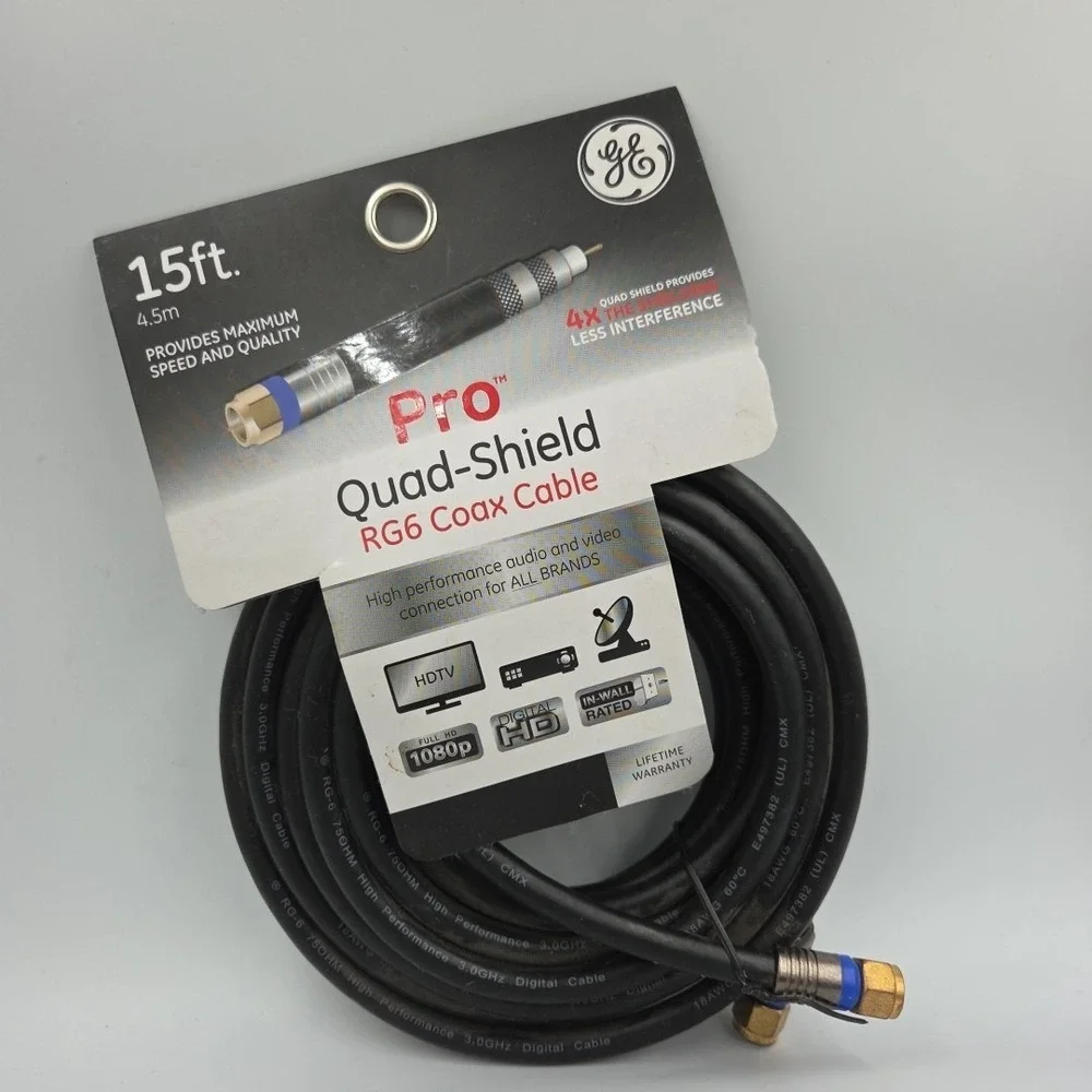 GE 33732 Pro Quad-Shield RG6 Coax Cable 15 ft 4.5m by jasco 2018 New Lot Of 2